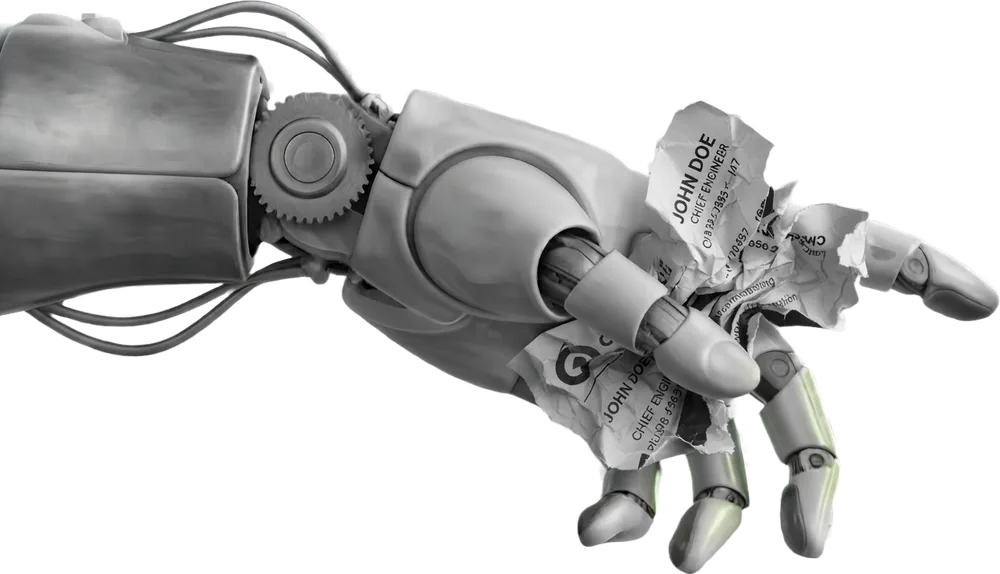 A robotic hand crushing a pile of printed paper business cards